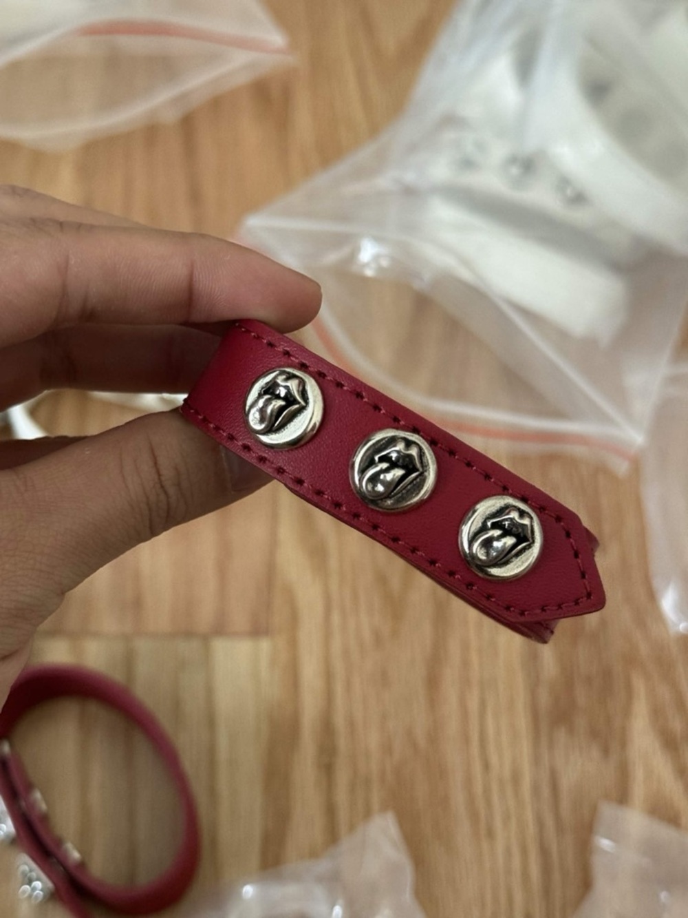 Chrome Hearts Red Leather Bracelet with Silver Rolling Stones Buttons